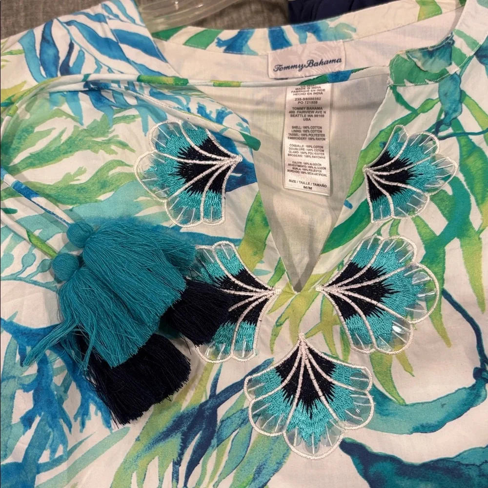 TOMMY BAHAMA tropical Salina Key Seas Fronds women’s dress  Blue Green M EUC - Picture 6 of 6